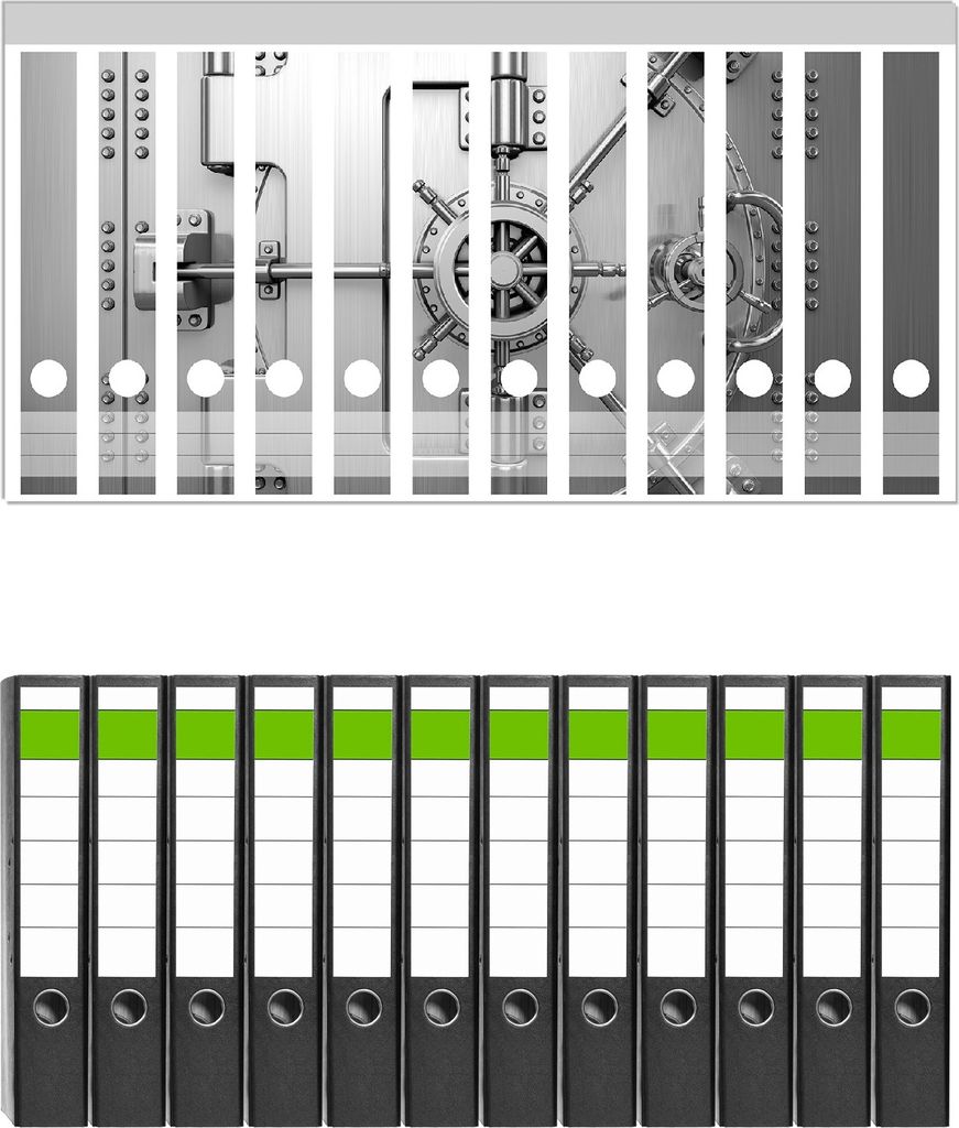 Wallario 12 Stück schmale Ordner inkl. Klebeetiketten mit Motive Tresortür mit Öffnungsmechanismus - Set mit Rückenschildern / Ordnerrücken St...