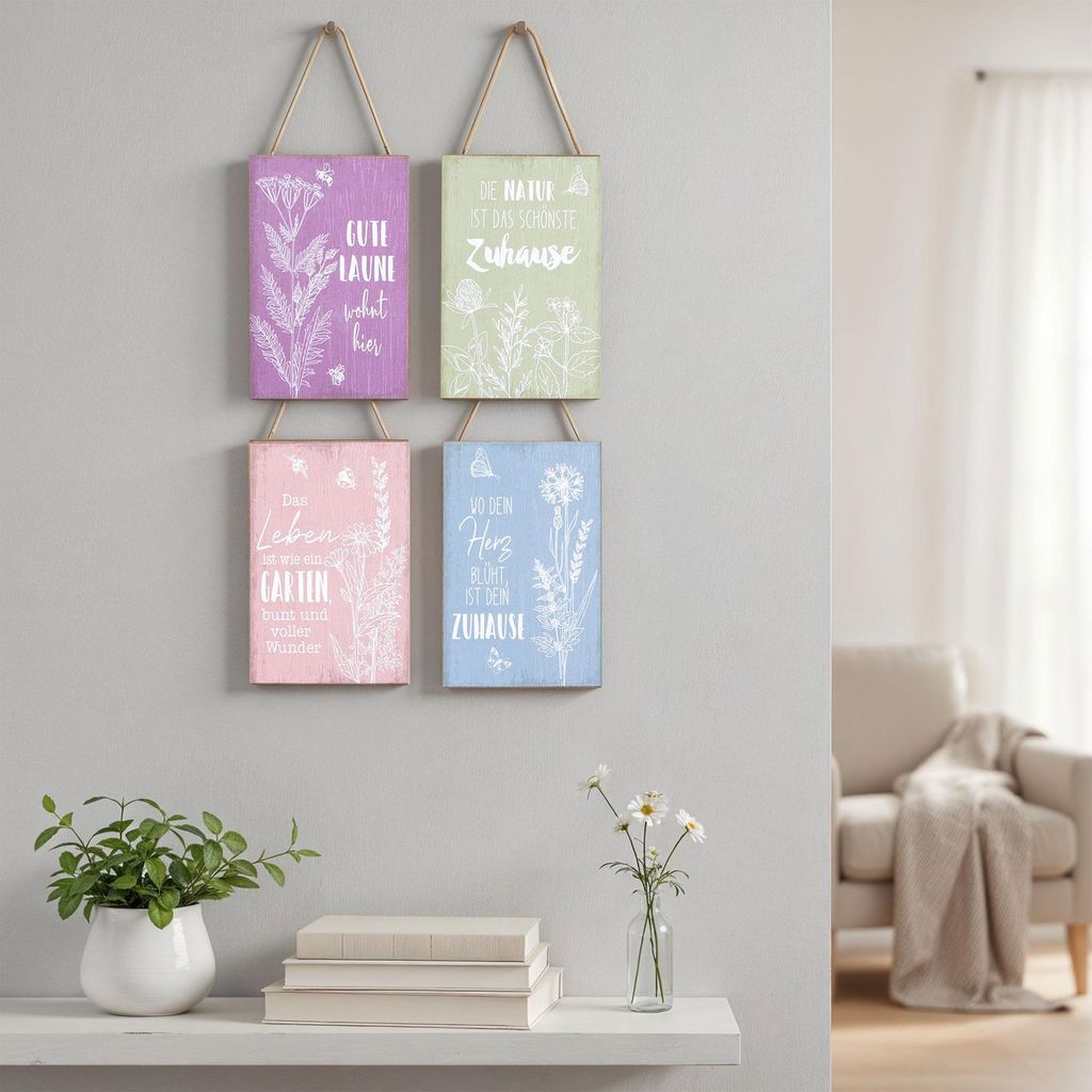 4er Set Deko Schilder 10x15 MDF Holz Pastell Sprüche Garten Hängedeko Wandbilder