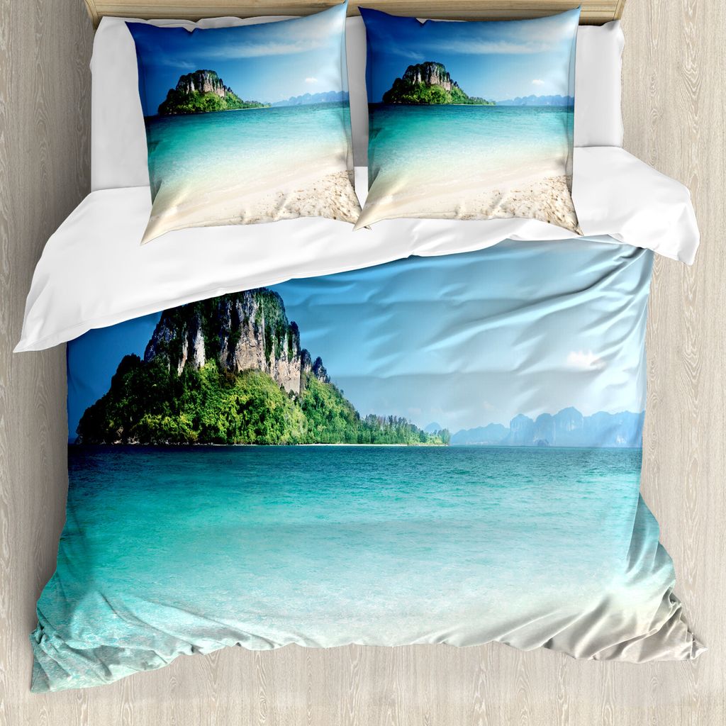ABAKUHAUS Strand Bettbezug, Tropic Insel-Landschaft, Milbensicher Allergiker geeignet mit Kissenbezügen, 200 cm x 200 cm - 80 x 80 cm, Blau Creme ...