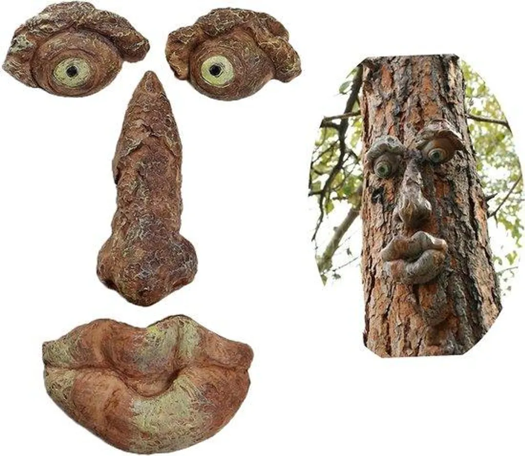 Nain de jardin décoratif visage d'arbre en résine grise XL - Arbrisseau
