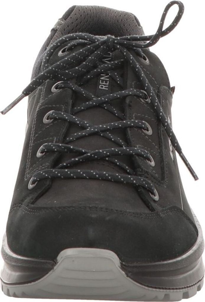 A close-up, front-facing view of a black LOWA Renegade Evo GTX shoe.