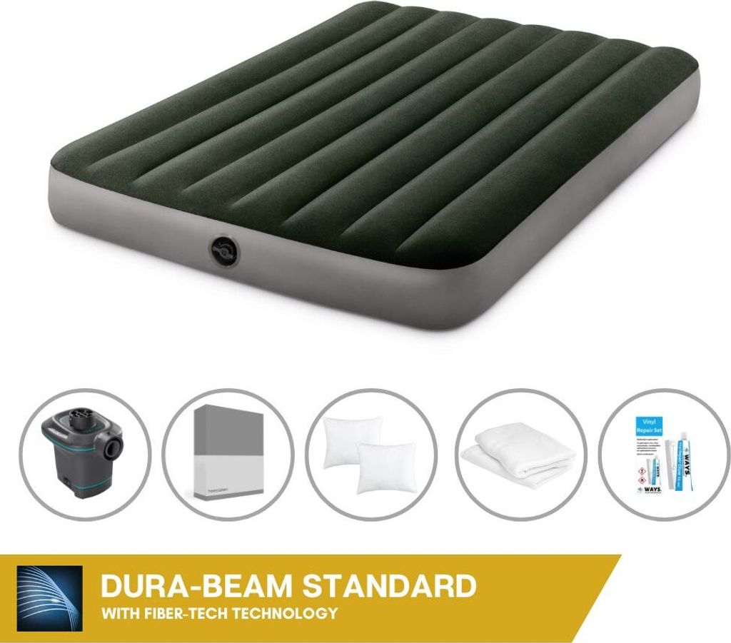 Intex Luftbett - 2 Personen - 137 x 191 x 25 cm - Grün + Intex Elektropumpe - 650 Liter/Min + Spannbettlaken Anthrazit + Kopfkissen + Molton 2 in ...