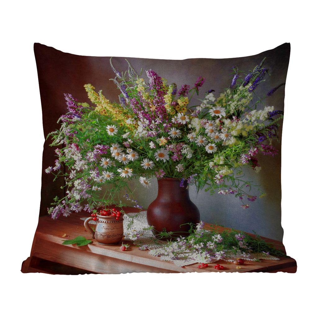 MuchoWow Outdoor Kissen - Blumen - Tisch - Stilleben - Blumenstrauß - Vase - 60x60 cm - Wetterfest - Lounge Kissen - Dekoration - Schlaf Kissen