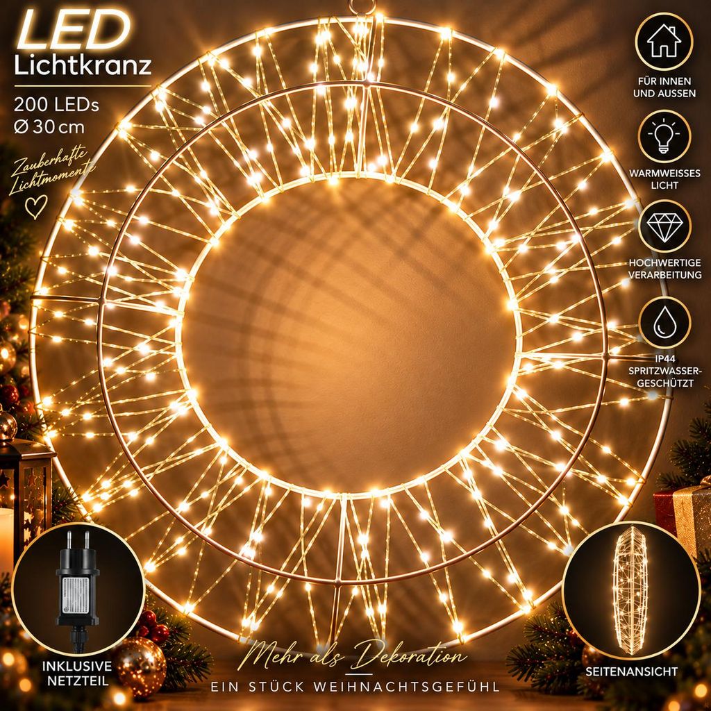 LED Lichterkranz Ø 30 cm mit 200 LEDs Warmweiß, Produktbild 