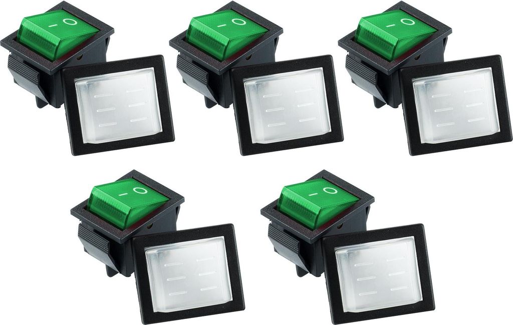 Wippschalter Gummikappe eckig rot/grün beleuchtet - Art: Wippschalter grün mit Schutzkappe - Menge: 5