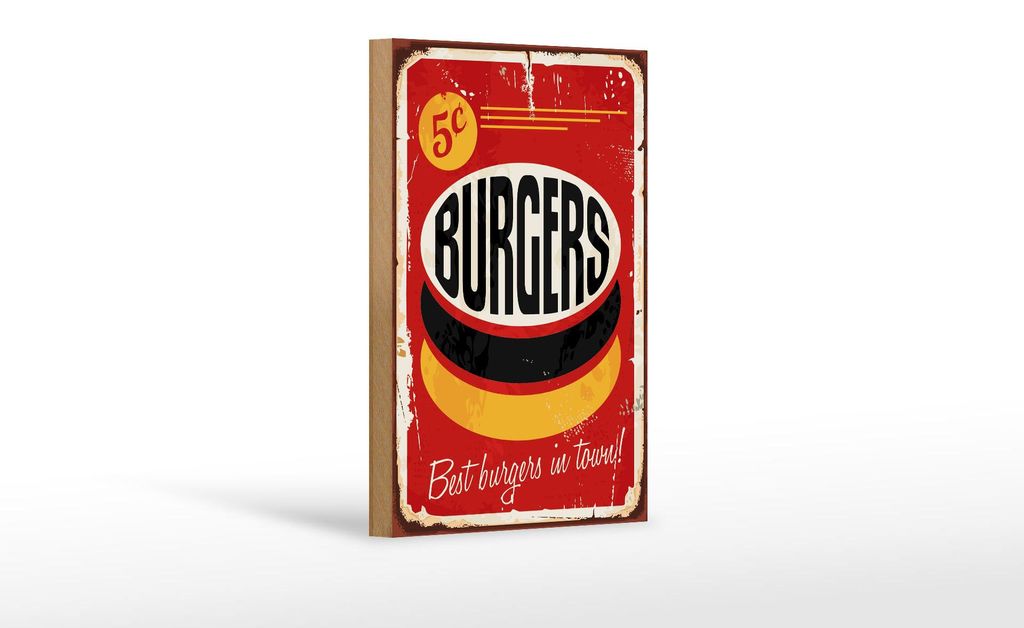 Holzschild Retro 12x18cm burgers best in town Fast food Produktbild 