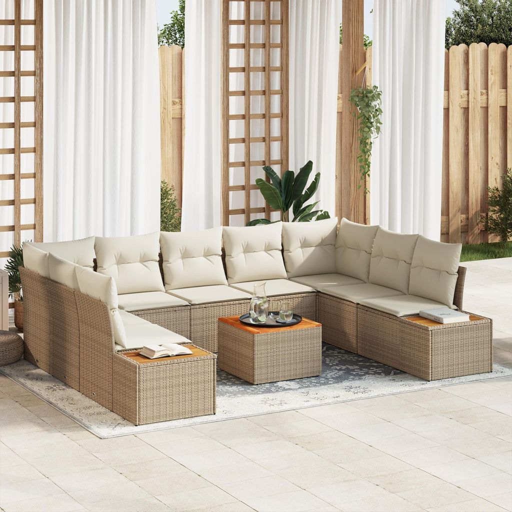 Möbel 6-teiliges Garten Sofa Set mit Kissen Beige Poly Rattan Akazie - Gartensofas 3356841