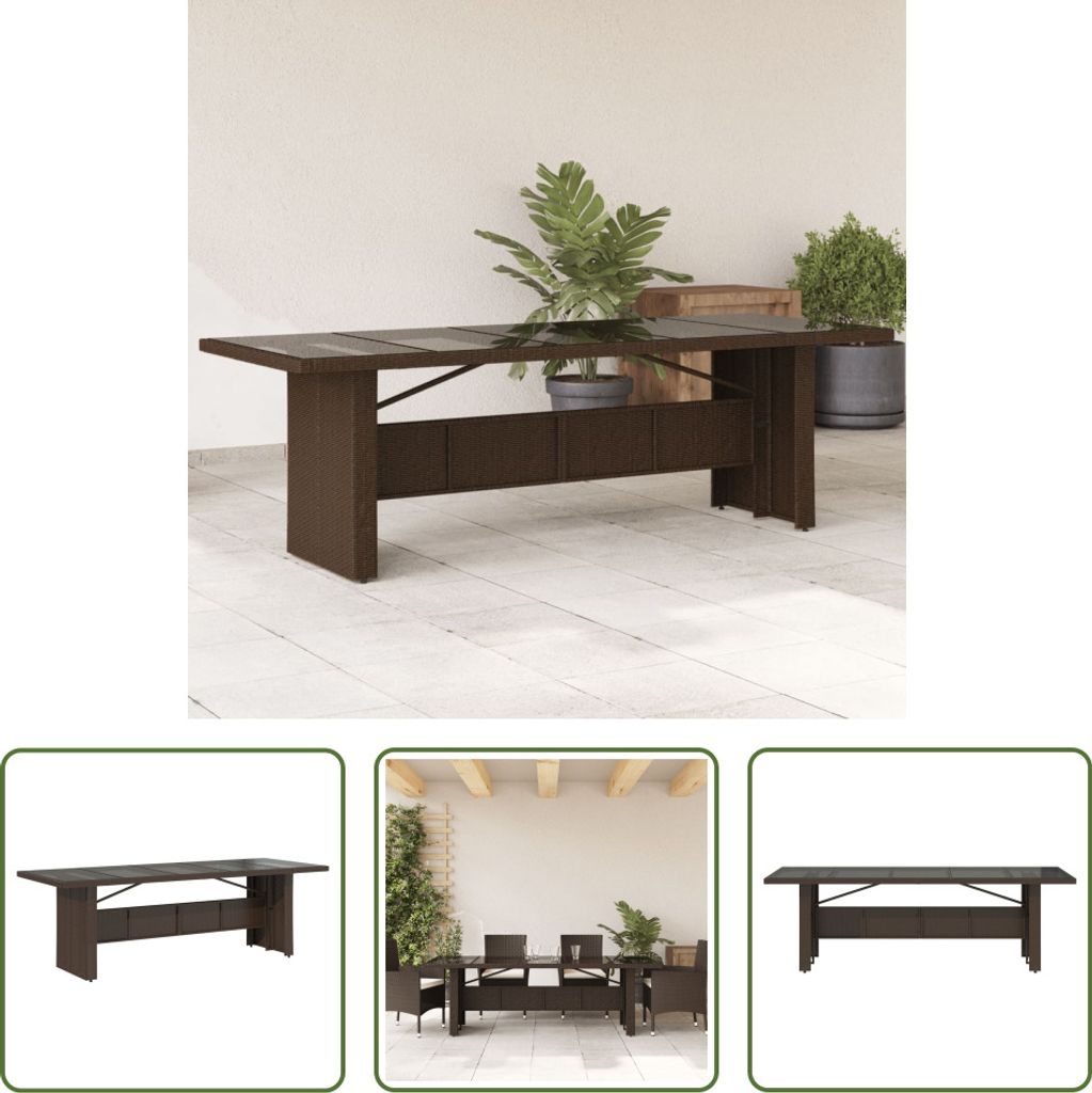 The Living Store Gartentisch mit Glasplatte Braun 240x90x75 cm Poly Rattan