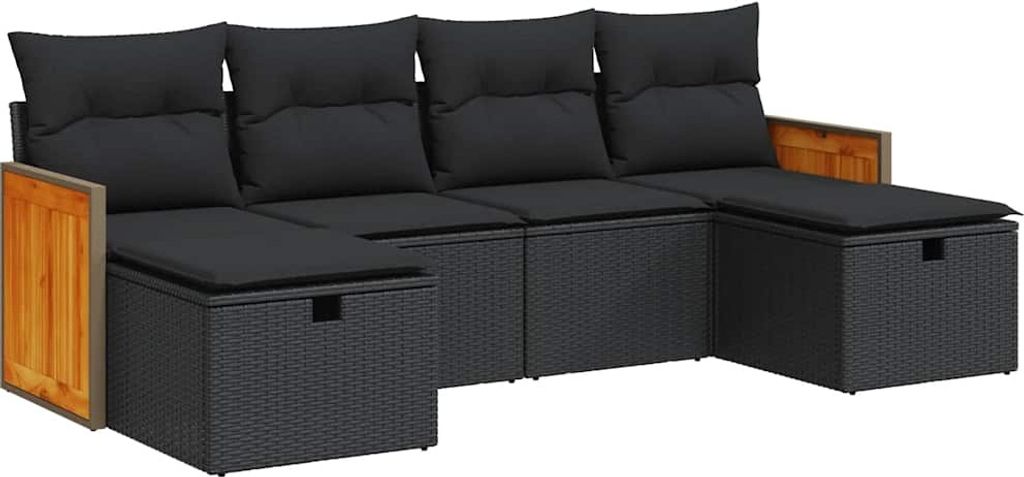 vidaXL 6-tlg. Garten-Sofagarnitur mit Kissen Schwarz Poly Rattan