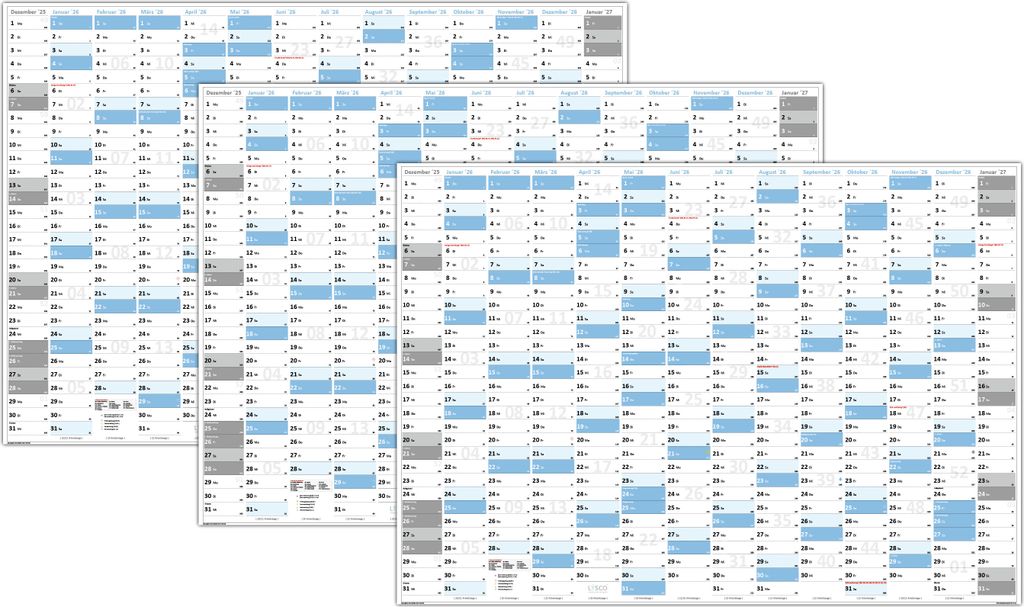 3 Stück Gefaltet XXL Wandkalender Wandplaner 2026 (blau2) - DIN A0 Format mit 14 Monaten Feiertage aller Bundesländer