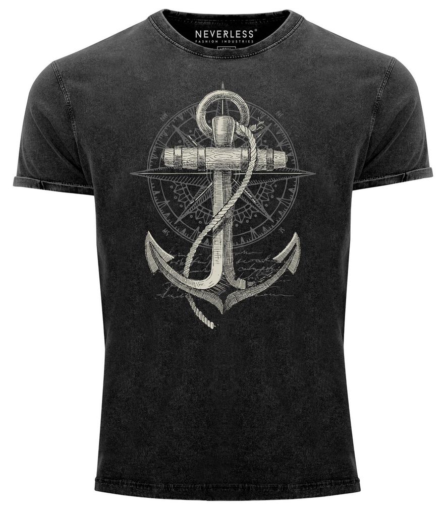 Herren Vintage Shirt Print Aufdruck Anker Kompass Motiv Maritim Meer Fashion StreetstyleUsed Look Slim Fit Neverless schwarz M
