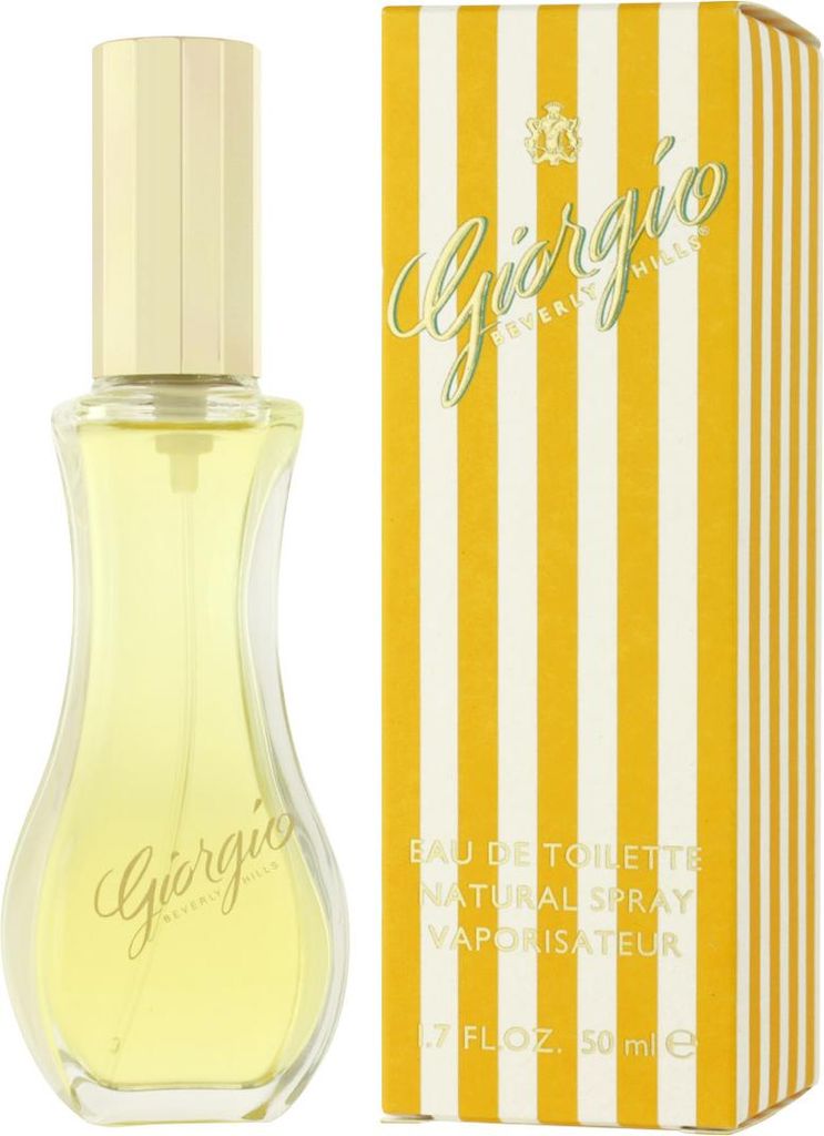 A bottle of Giorgio Beverly Hills perfume and its packaging are displayed side-by-side against a white background.