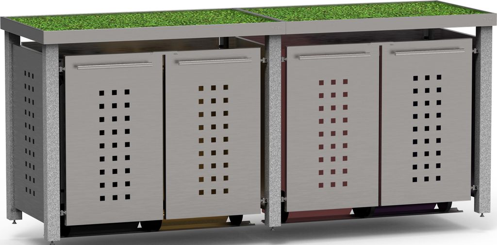 reinkeDESIGN | Mülltonnenbox 4er, 4x120L | Typ_N | Begrünbar, Steinpfosten, Fronten in Edelstahl | für Reihenhaus, Herstellervertrieb