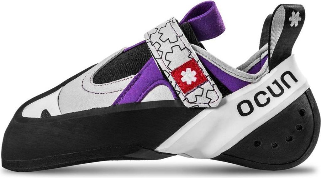 Kletterschuh "Oxi Lady" von Ocun in lila und weiß mit Klettverschluss und rutschfester Sohle.