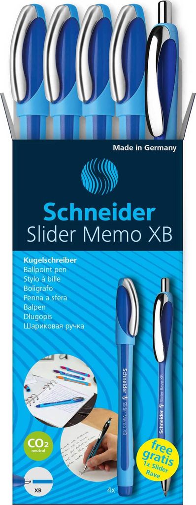 Schneider Etui 4x Kugelschreiber Memo + 1x Rave blau Produktbild 