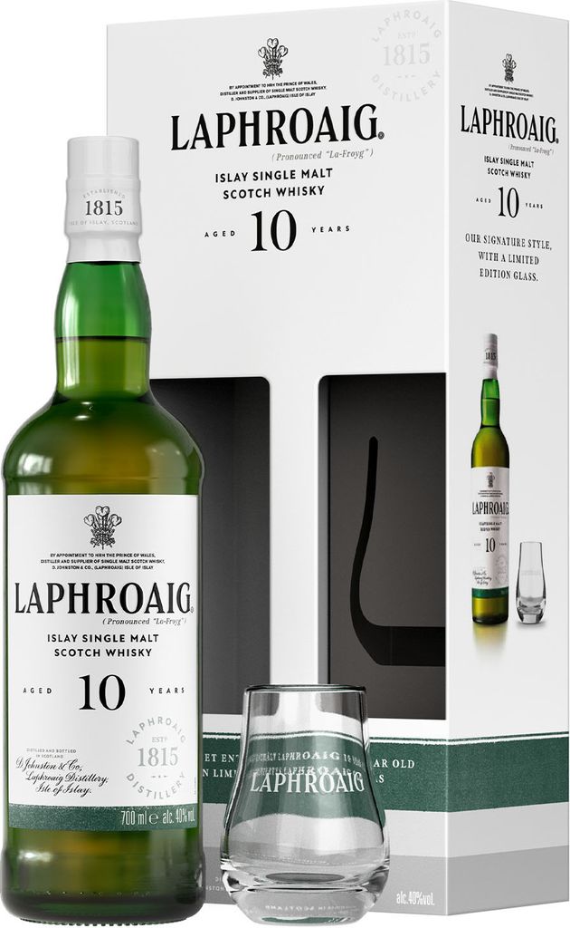 A gift set of Laphroaig 10 Year Old Islay Single Malt Scotch Whisky, including a bottle and a glass, presented in a gift box.
