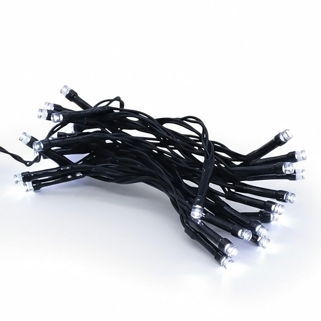 A pile of black LED string lights with white LEDs on a white background.