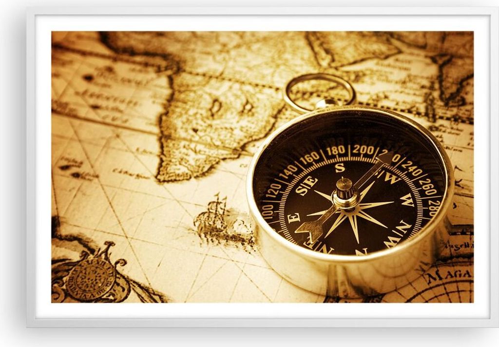 Gerahmtes Poster - Weißer Rahmen - Kompass alt reisen Reise - 91,5x61 cm - Wand Bild - Wanddeko - Wandbilder - Kunstposter - Wandposter - Bilderra...