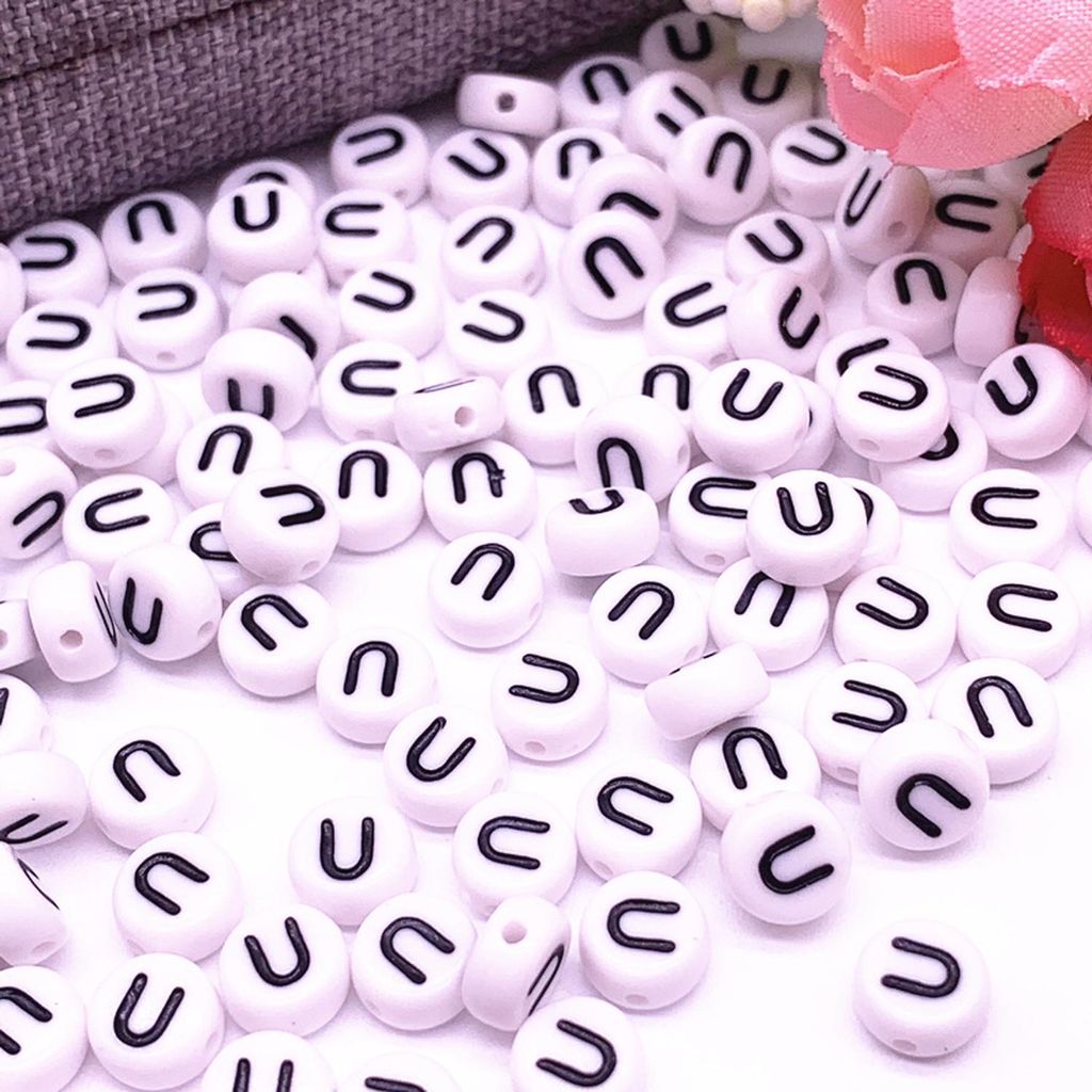 Buchstaben Perlen, 30 Stück, 4x7 mm, weiß mit schwarz, rund, Buchstabe U