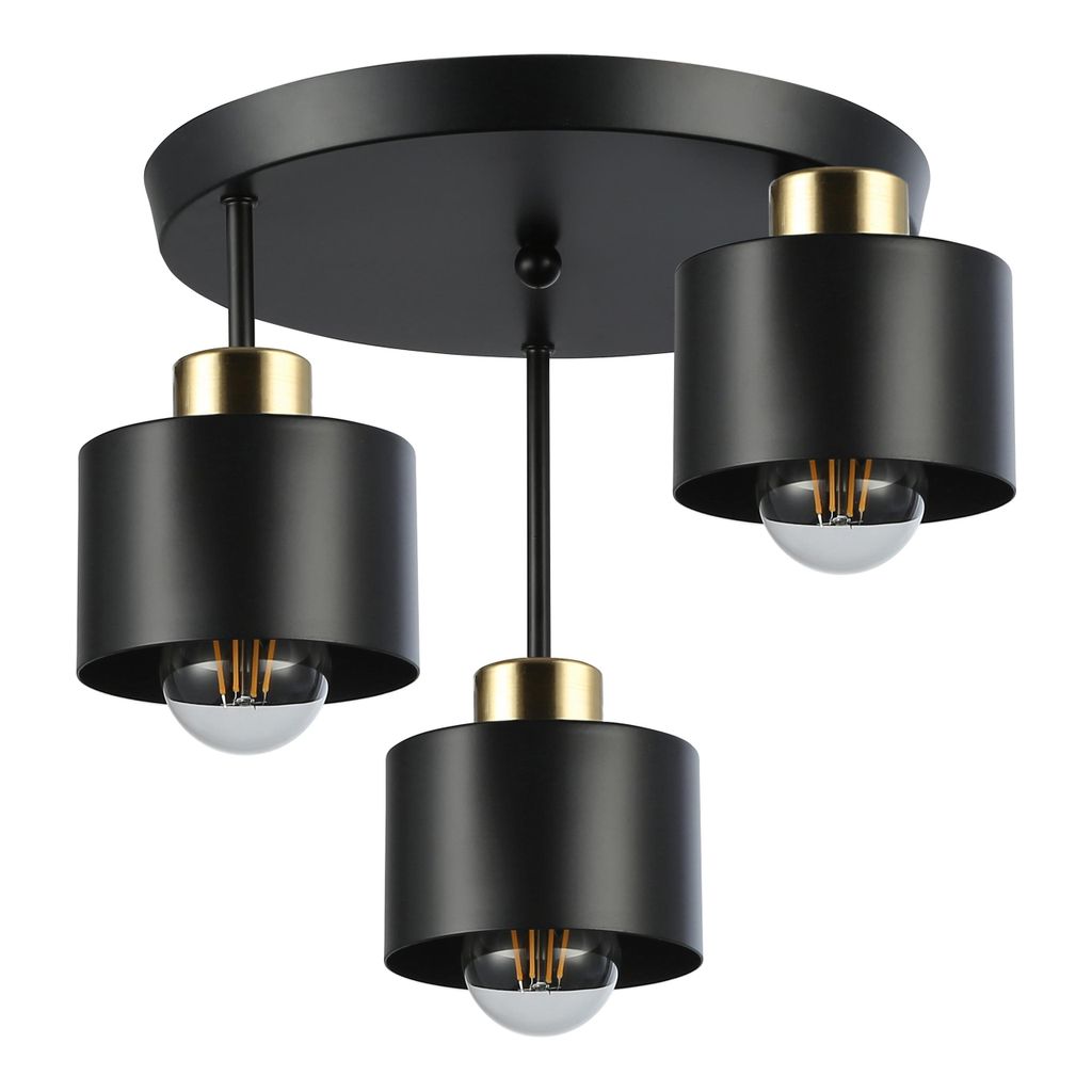 A black and gold three-light pendant lamp.
