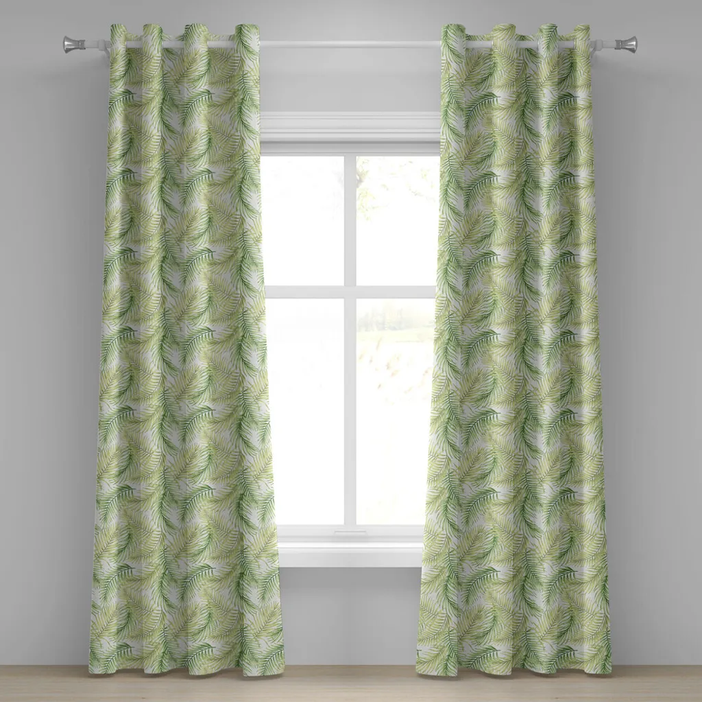 ABAKUHAUS Tenda con occhielli in foglia di palma, foglie verdi di palma da cocco, stile acquerello, motivo naturale fresco, tende decorative a 2 pannelli per finestre, 280 cm x 175 cm, verde chiaro verde felce