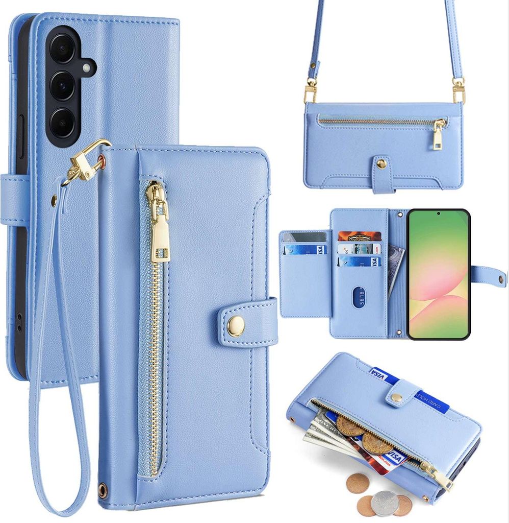 Handykette für Samsung Galaxy A56 Hülle mit Band Handyhülle Kartenfächer Kunstleder Umhängetasche in Hellblau