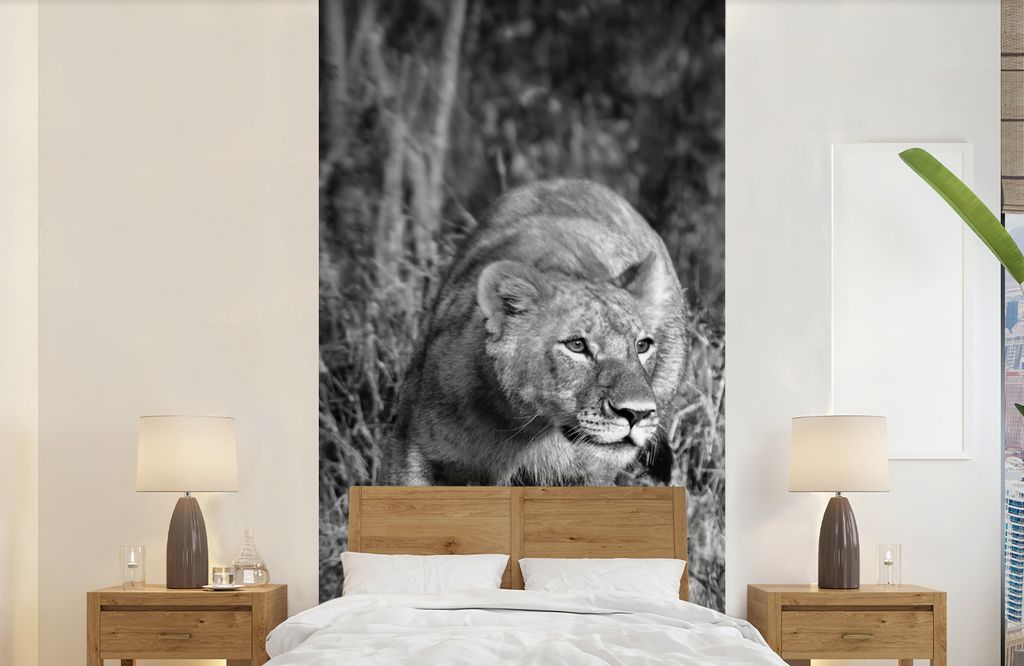 MuchoWow Fototapete für Wohnzimmer oder Schlafzimmer Wandtapete Vinyl Motivtapete Löwin - Jagd - Tiere - 120x240 cm - Hintergrundbild
