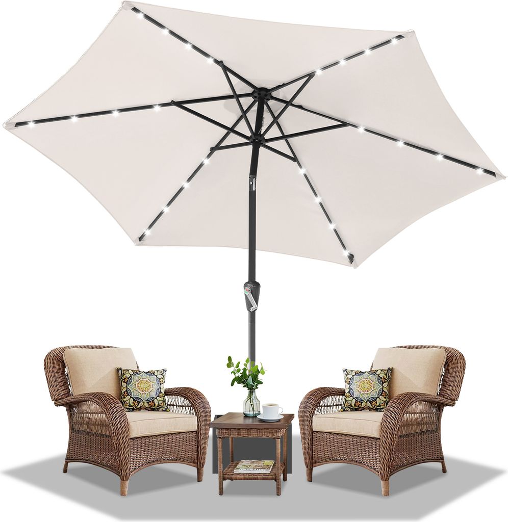 Clanmacy Ø2.7m Sonnenschirm Schirm UV40+ Gartenschirm Solar Garten LED 4 Farben mit Kurbel,Beige