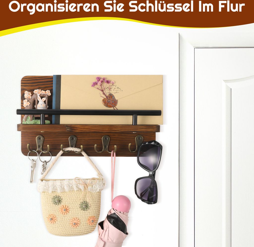 Schlüsselbrett Holz mit Ablage, Schlüsselhalter mit Metall Produktbild 7