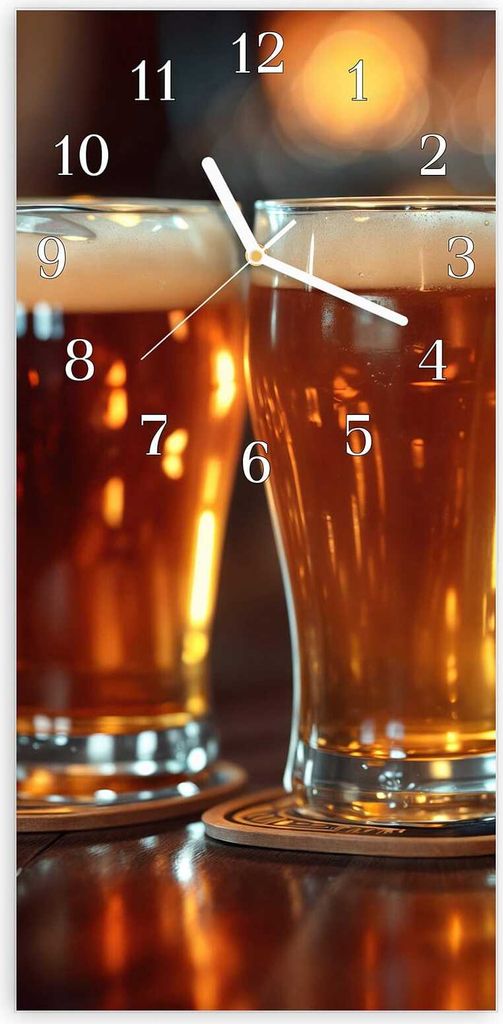 Wanduhr aus Glas mit Motiv Drei Biergläser Bar- 30 x 60 cm - inkl. Aufhängesystem