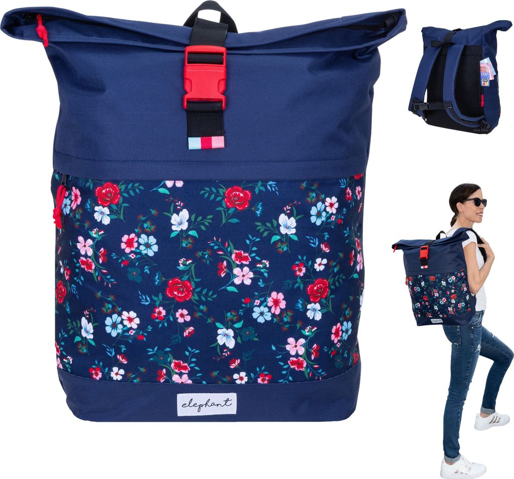 Rucksack Damen Mädchen Freizeitrucksack groß Sport A4 Roll-Top mit Laptopfach Geheimfach Anti-Theft Elephant Daypack Large 13038 Blue Flower Blau