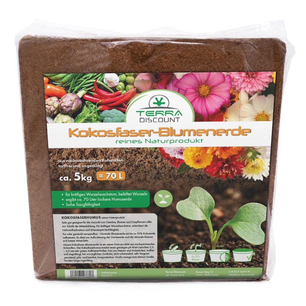 Kokosfaserhumus 5 Kg – ergibt ca. 70 L Blumenerde – Kokoserde Ziegel gepresst – torffreie Anzuchterde für Pflanzen, Kräuter & Gemüse