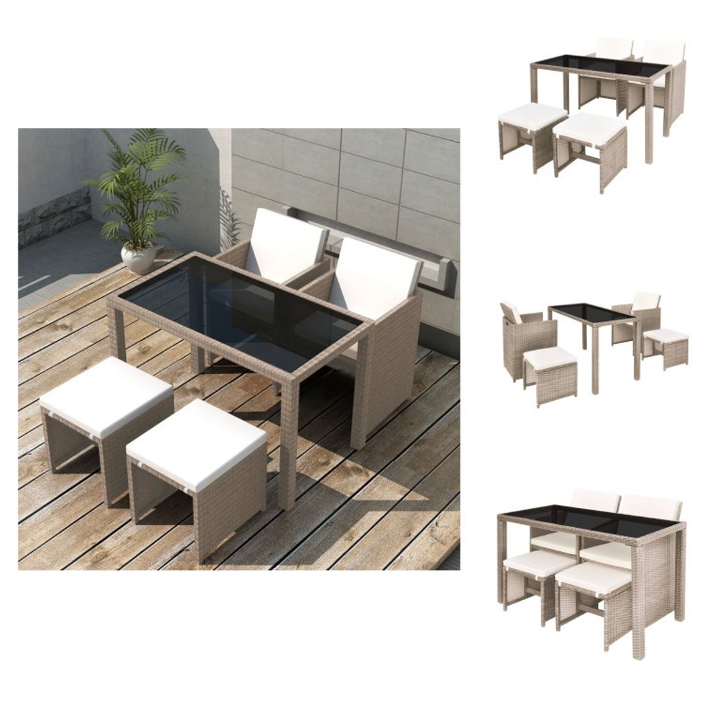 vidaXL 5-tlg. Garten-Essgruppe mit Auflagen Poly Rattan Beige - Gartenmöbel-Sets