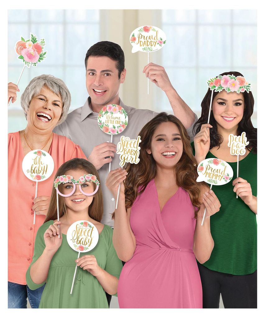13-teiliges Sweet Baby Girl Photobooth-Set Blumen + Gold - Einheitsgröße