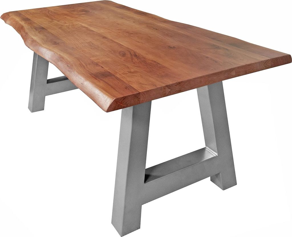Esstisch 280 x 100 cm Cali, Baumkantentisch nussbaumfarben, Akazienholz massiv, A-Gestell aus Metall Silber, aufgedoppelte Kanten 25+25 mm