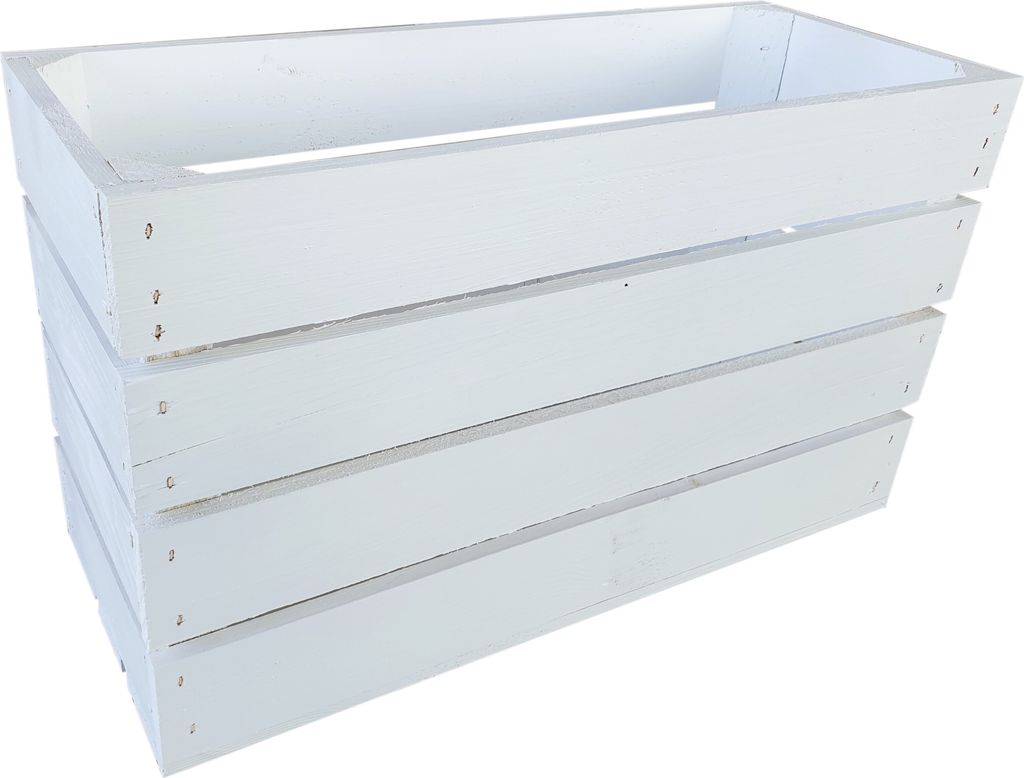 A white wooden crate is shown against a white background.