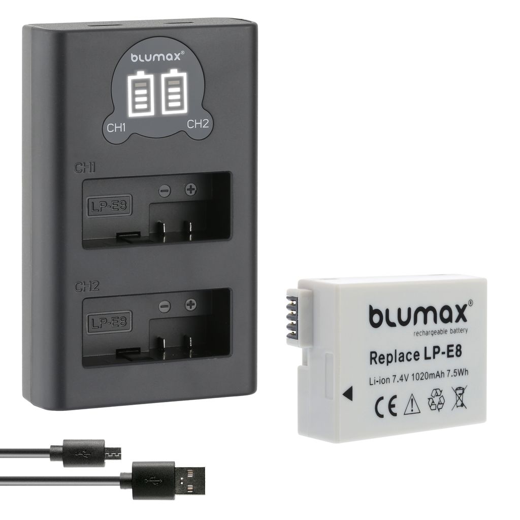 1x Akku + LCD Lader für Canon LP-E8 EOS 550D 650D 700D Rebel T3i 1020 mAh (3,6V)