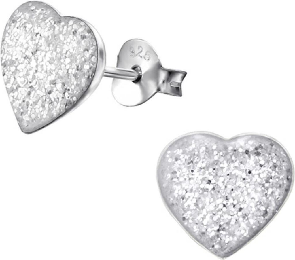 Kinder-Ohrringe: 925 Silber Ohrstecker „Glitzer Herz“ White Glitter