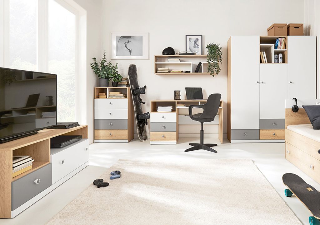 Jugendzimmer Set in Eiche mit weiß und grau PINETO-133, 5-teilig, inkl. TV Lowboard