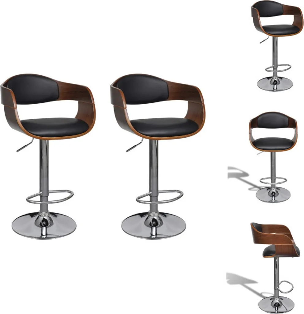 Tabouret de Bar Design en Similicuir Noir et Bois - Lot de 2 Pièces