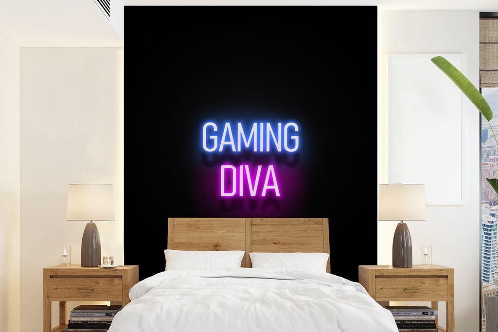 MuchoWow Fototapete für Wohnzimmer oder Schlafzimmer Wandtapete Vinyl Motivtapete Gaming - Zitate - Neon - Gaming-Diva - Frauen - 205x280 cm - W...