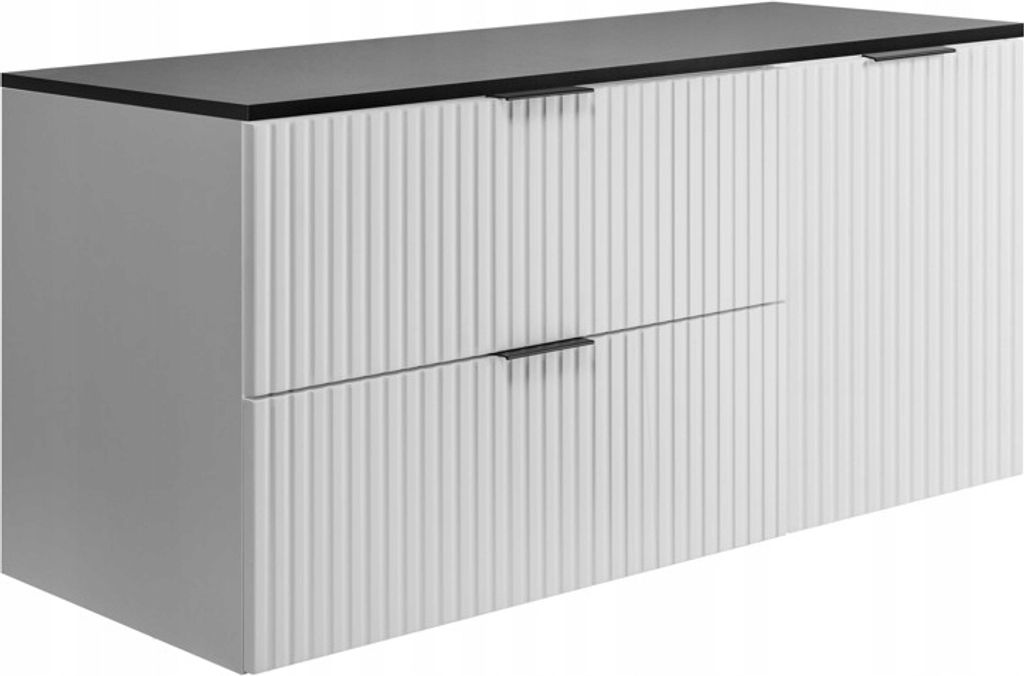 Rodan | Badezimmerschränke 120cm | Weiß Matt - Holz | B/H/T 120/57/46 cm | Geriffelte Türen - Schwarze Platte - Badmöbel - Badschrank