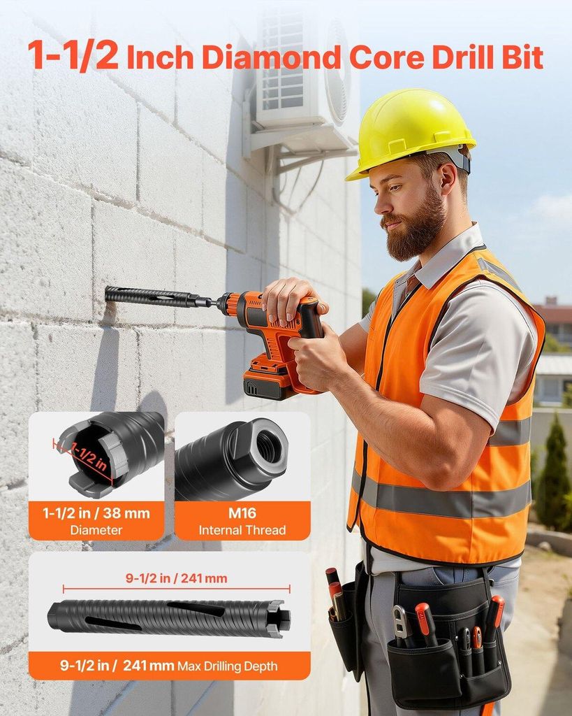 Kernbohrer, 38 mm Durchmesser, 241 mm Bohrtiefe, M16-Innengewinde, Diamant-Trockenbohrkrone mit 3 Adaptern, Vorbohrer und Sechskantschlüssel, für...