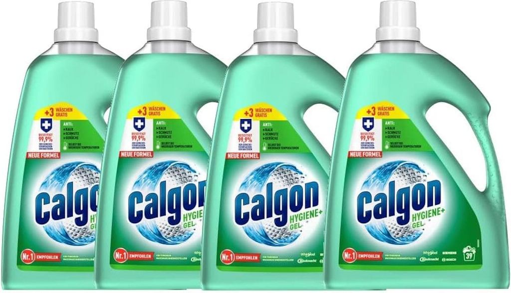Four bottles of Calgon Hygiene+ Gel are arranged side-by-side against a white background.
