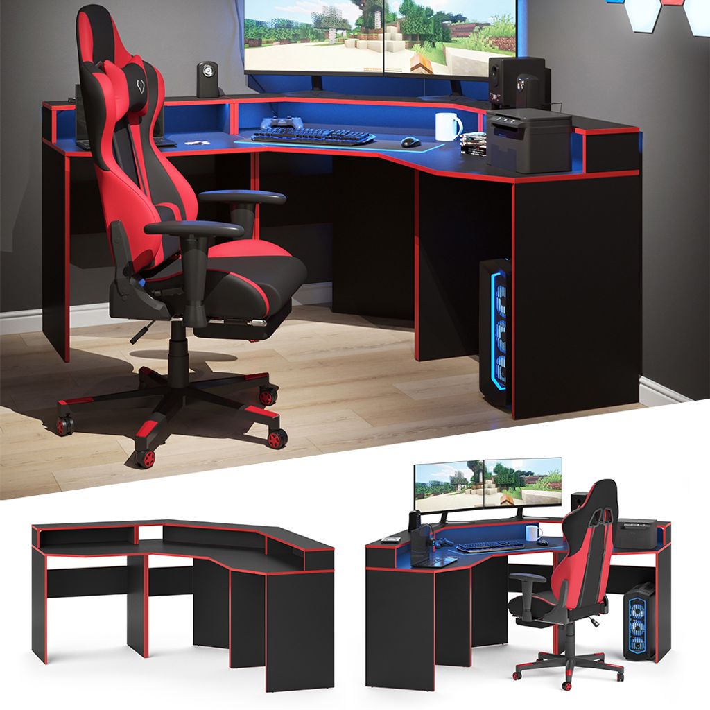 vicco computertisch – schreibtisch für gaming und büro – ecktisch 90 x 90 x  87,2 cm, schwarz-rot