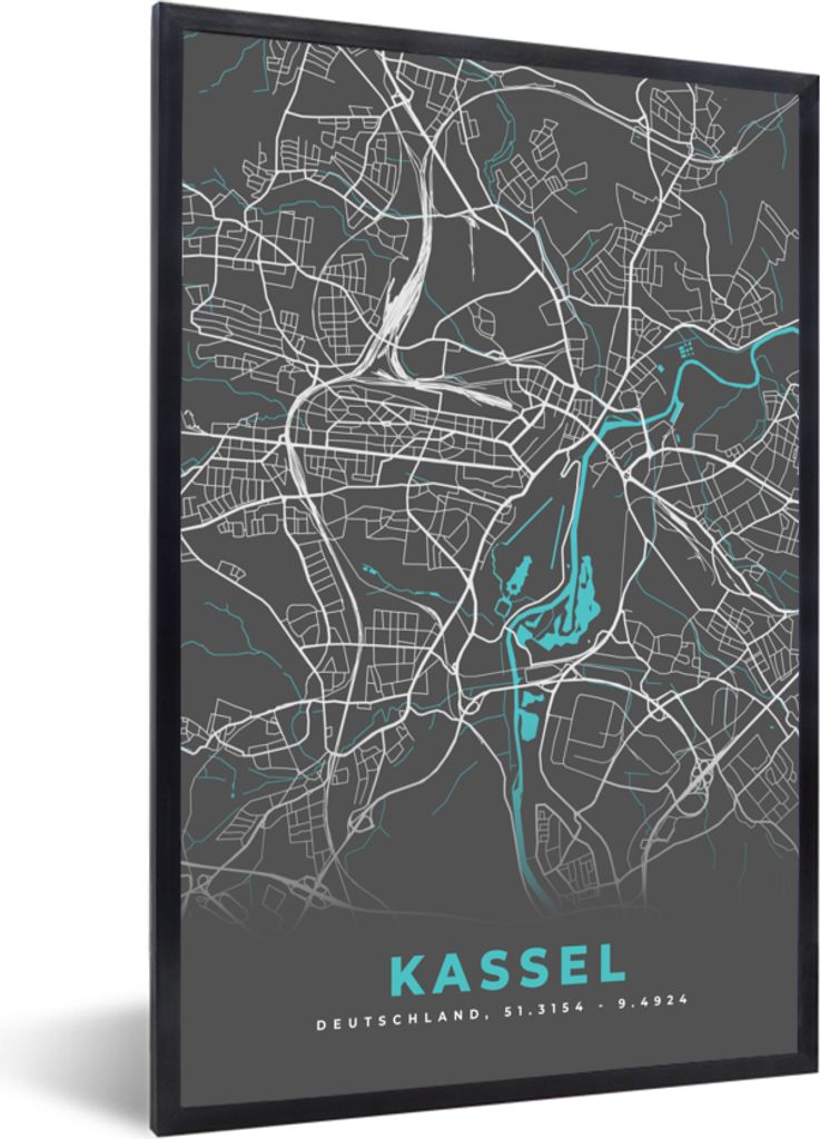 MuchoWow Gerahmtes Poster Stadtplan - Kassel - Deutschland - Karte 60x90 cm - Poster mit Schwarzem Bilderrahmen Wandposter Rahmen Foto Bilder - K...