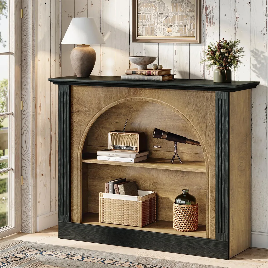 Console d'Entrée Bois et Métal 110 cm - Table d'Appoint Longue 3 Étages