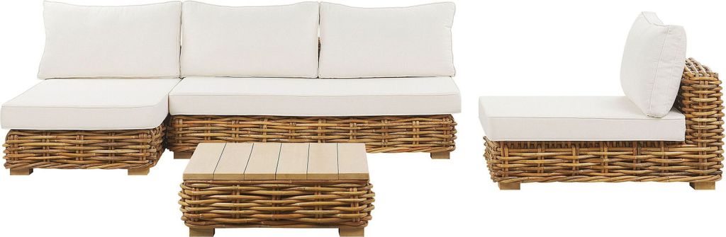 BELIANI Lounge Set Natürlich Rattan 4-Sitzer Rechtsseitig mit Auflagen Cremeweiß Tisch und Lounger Boho Gartenausstattung Terrasse Outdoor