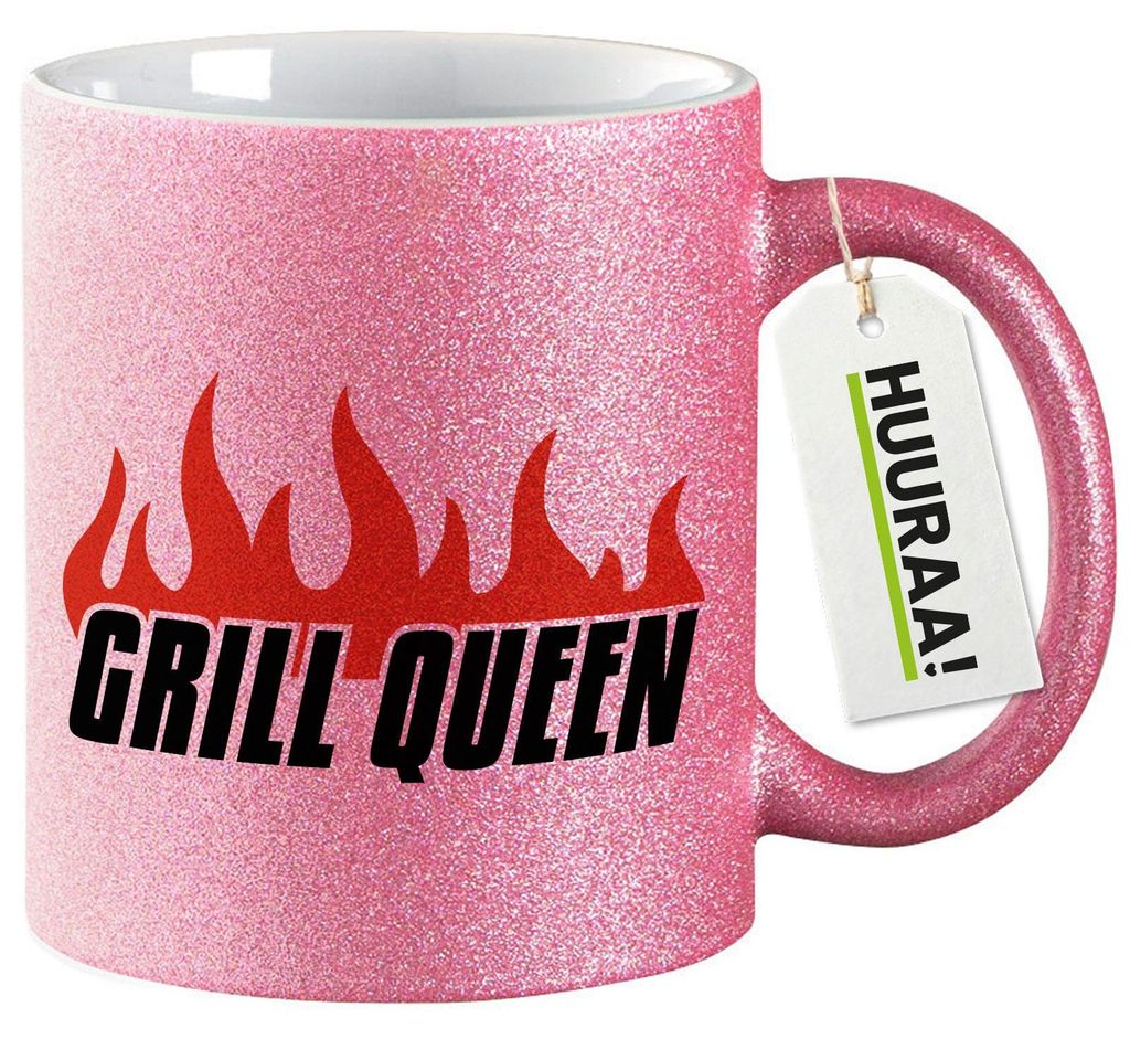 Huuraa Glitzertasse Grill Queen Flammen 330ml Pink Keramik Kaffeebecher Geschenkidee