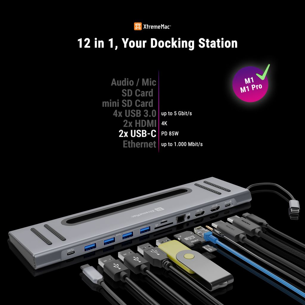 XtremeMac XWH-CDH-13 - USB 3.2 Gen 1 (3.1 Gen 1) Type-C - Grau - SD - SDHC - SDXC - DisplayPort - HDMI - RJ-45 - USB 3.2 Gen 1 (3.1 Gen 1) Type-A -...